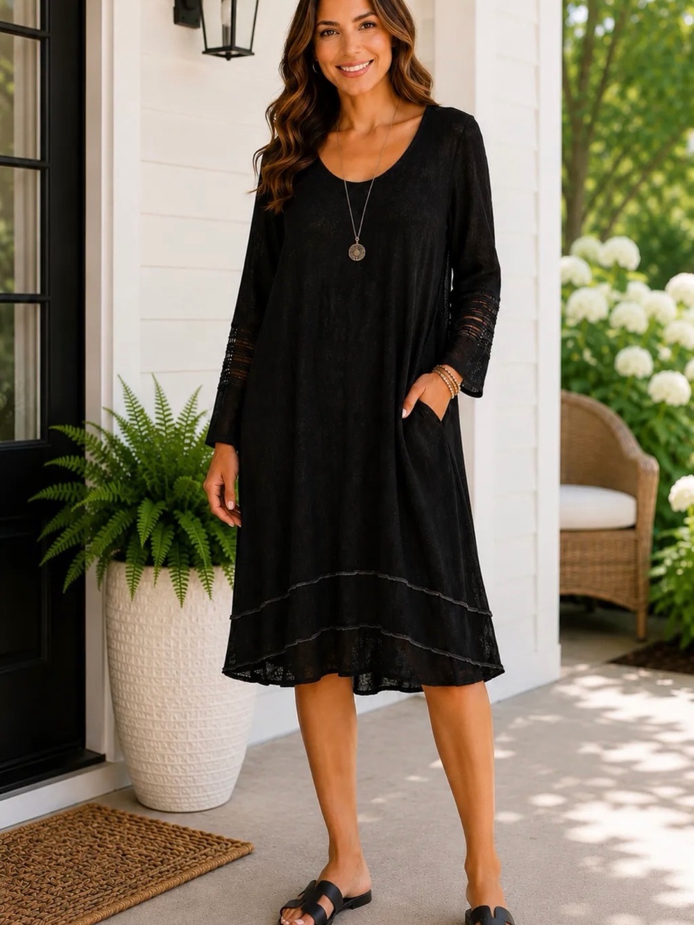 Black Long-Sleeve A-Line Dress with Lace Detail